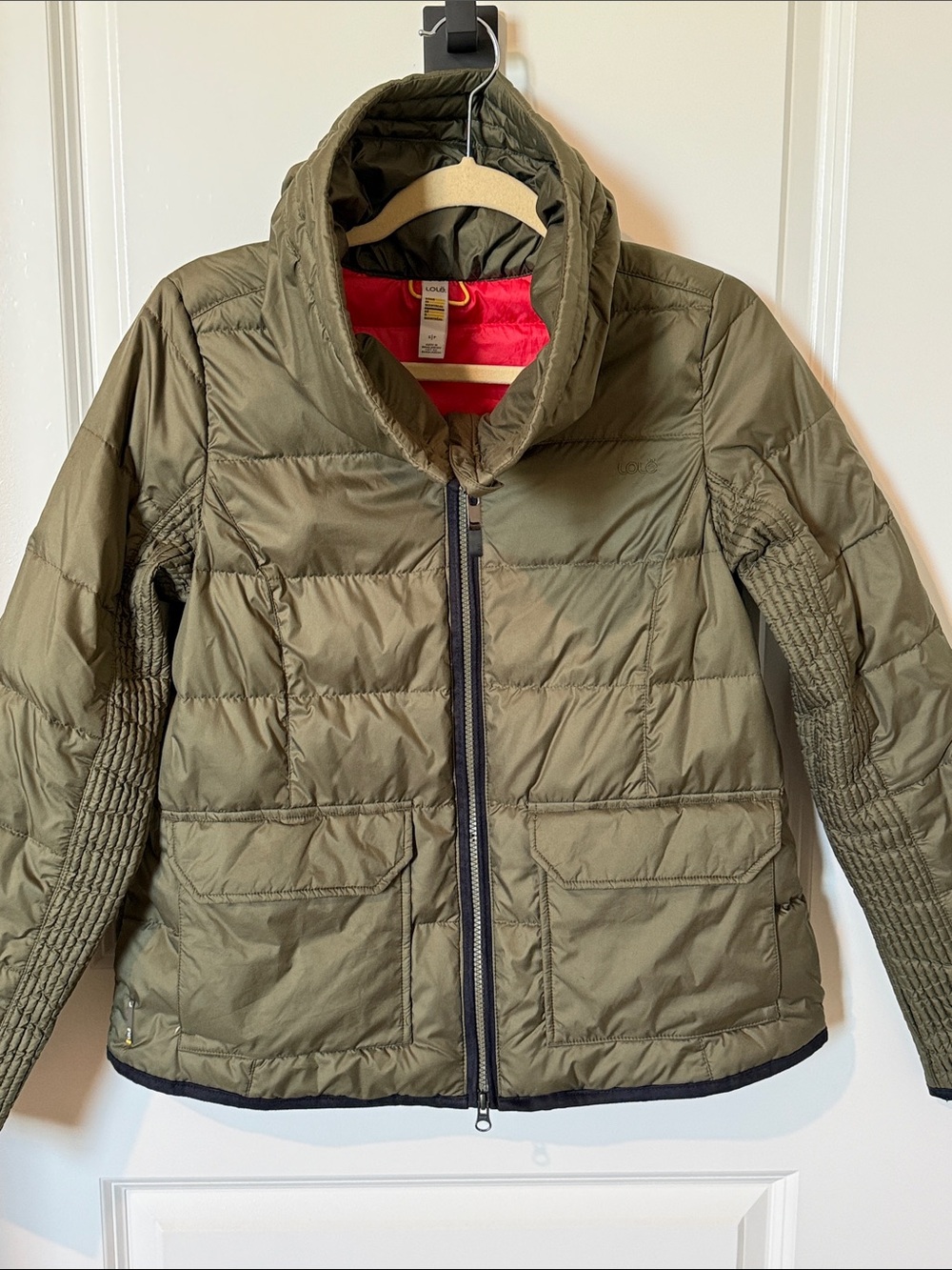 Lole Olive Green Puffer Jacket with Red Lining